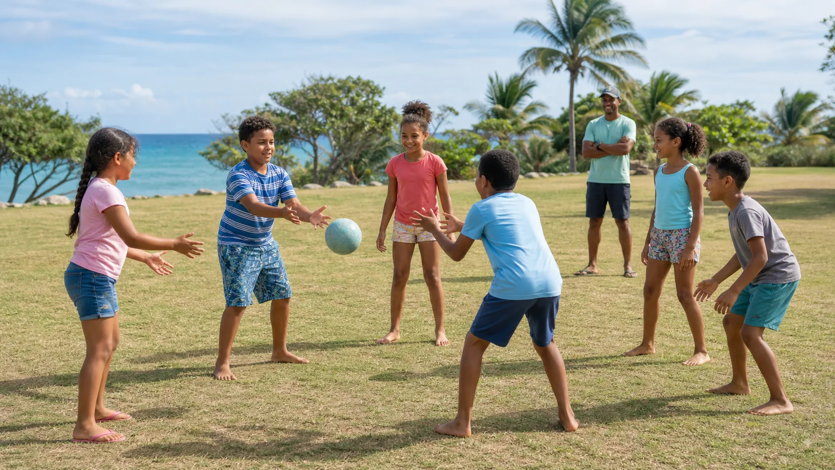 Niños participan en un juego grupal al aire libre acompañados por un adulto