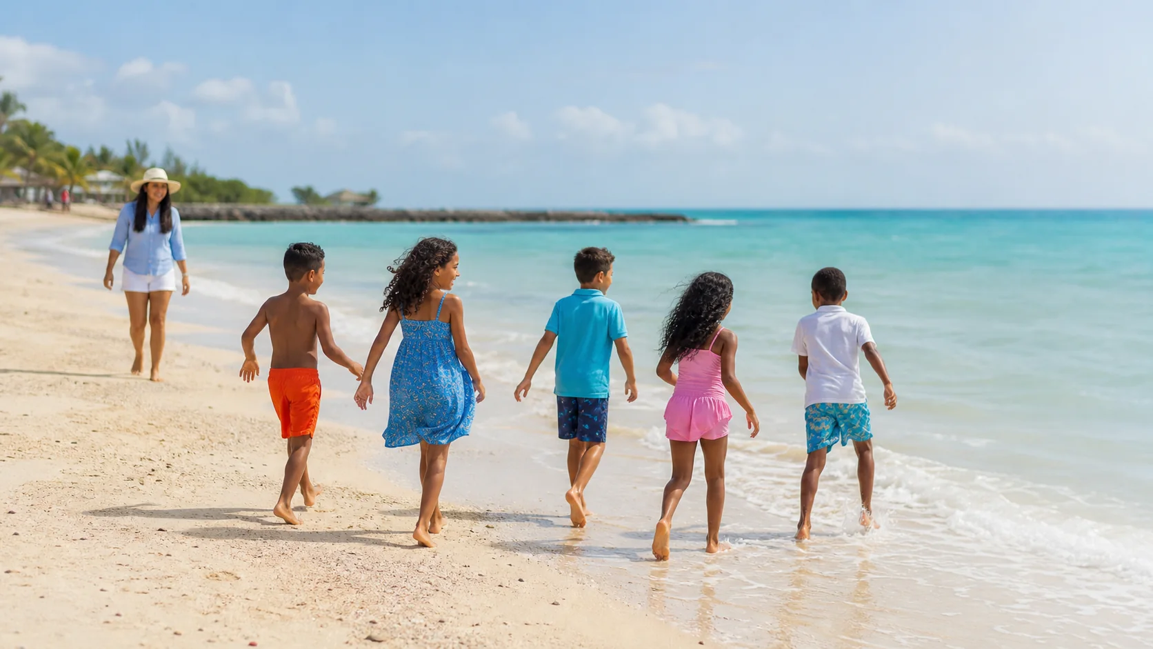 Cinco niños descubren el mar Caribe acompañados por una adulta