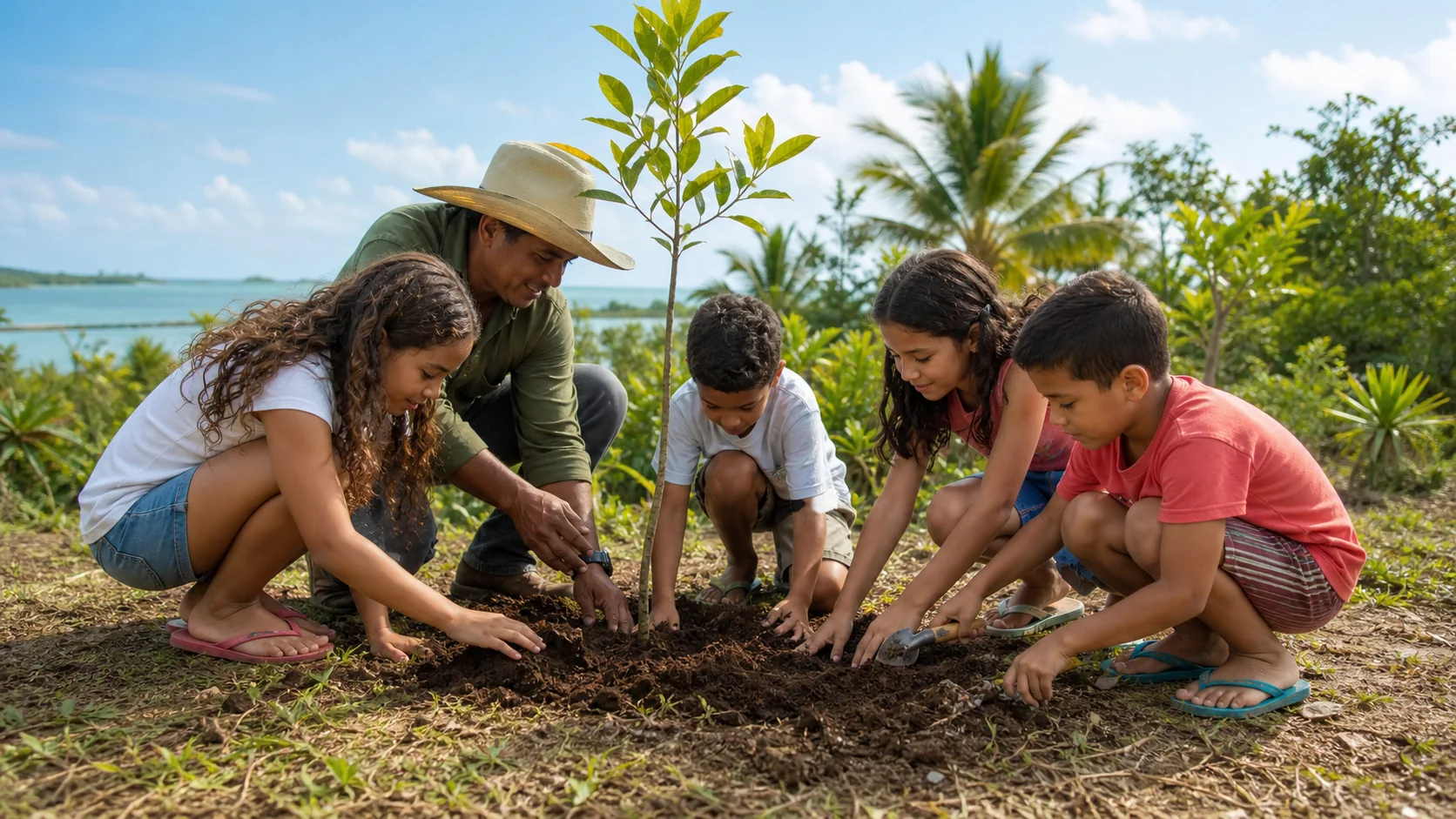 Niños siembran un árbol nativo acompañados por un adulto