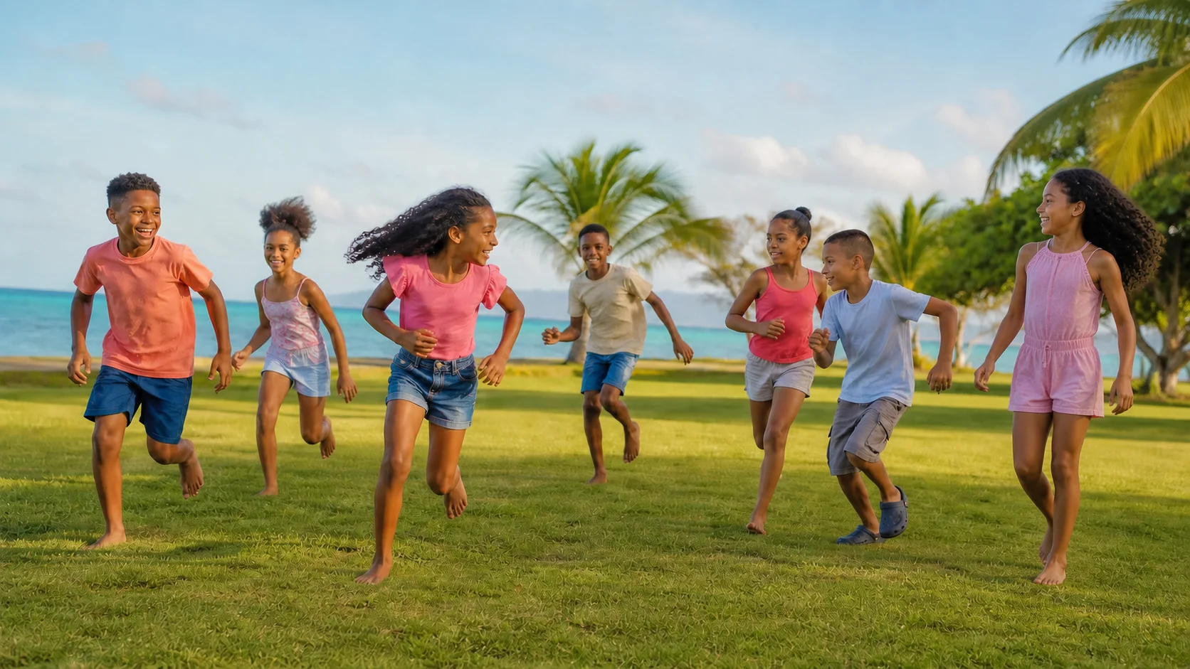 Niños corren y juegan juntos en un campo frente al Caribe