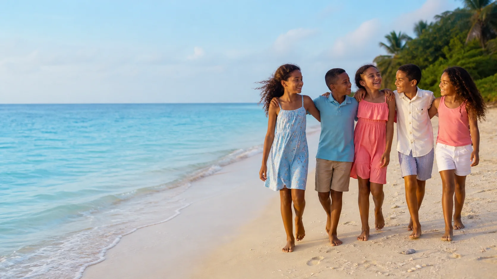 Cinco niños comparten una experiencia frente al mar Caribe